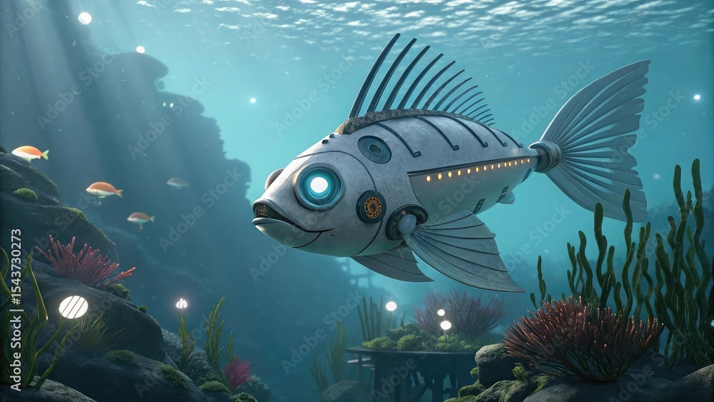 Fototapeta premium Underwater robotic fish in a bioluminescent reef