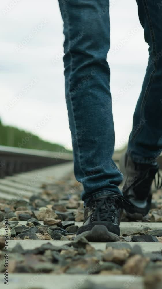 Close leg view of someone wearing jeans and canvas shoes, walking tiredly on a railway with stones, the background includes a blur of trees and electric poles Close leg view of someone wearing jeans and canvas shoes, walking tiredly on a railway with stones, the background includes a blur of trees and electric poles