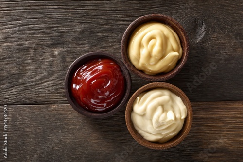 Ketchup Mustard Mayonnaise in Bowls on Wooden Table