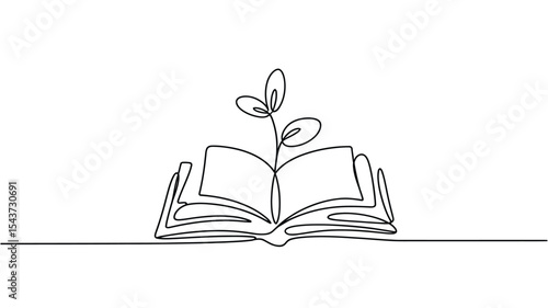 Single line drawing of open book with plant