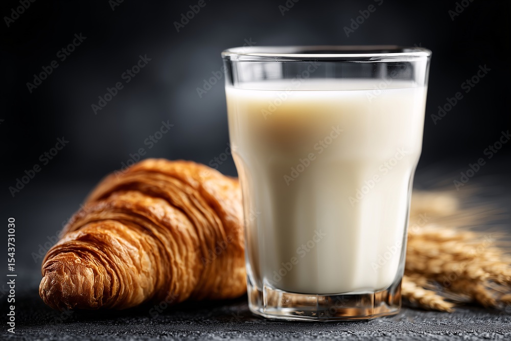 Croissant and milk on black, Classic breakfast food concept, Rustic pastry with beverage Croissant and milk on black, Classic breakfast food concept, Rustic pastry with beverage