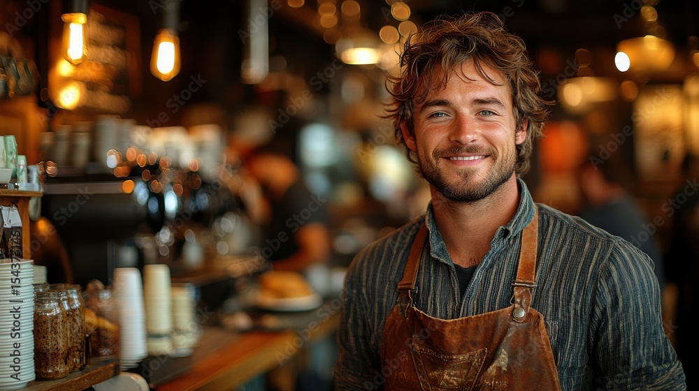 Friendly Barista Wearing Apron Standing at Coffee Shop Counter Friendly Barista Wearing Apron Standing at Coffee Shop Counter