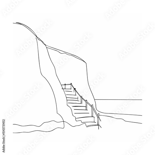 Black Line Art Staircase Cliffside Ocean View black and white