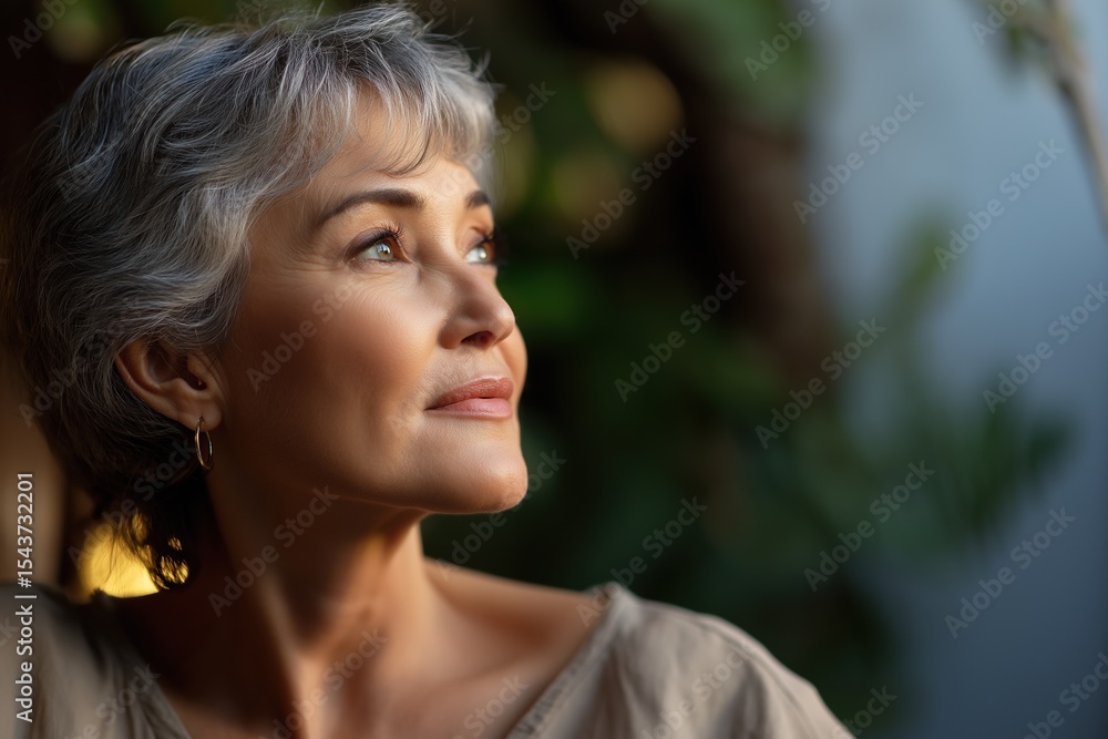 Obraz premium Contemplative mature caucasian woman outdoors with gray hair and thoughtful expression