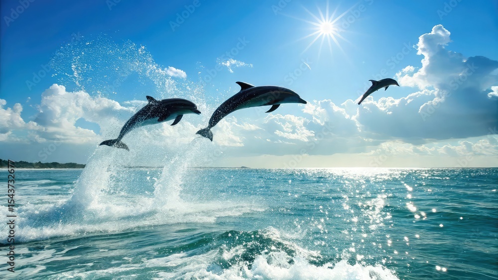 Obraz premium Three dolphins leaping in ocean sunlight