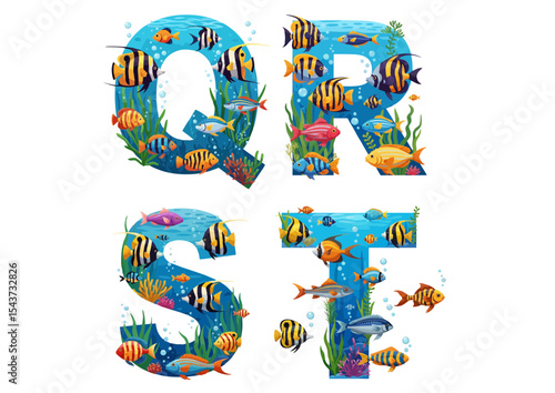 Colorful letter Q, R, S, T surrounded by various tropical fish on a vibrant underwater background