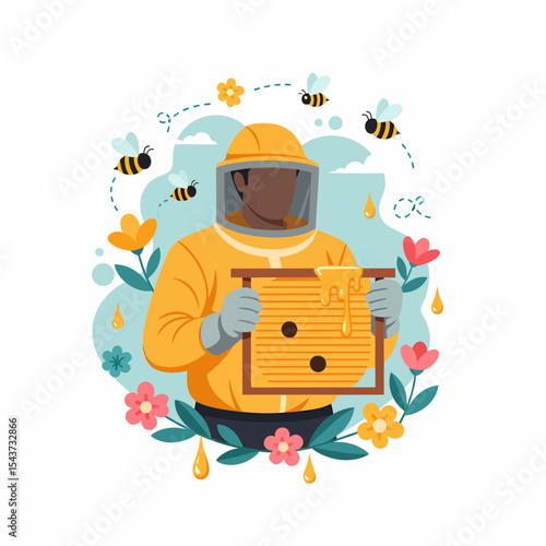 Beekeeper Illustration with Bees Around Honeycomb Frame and Flowers