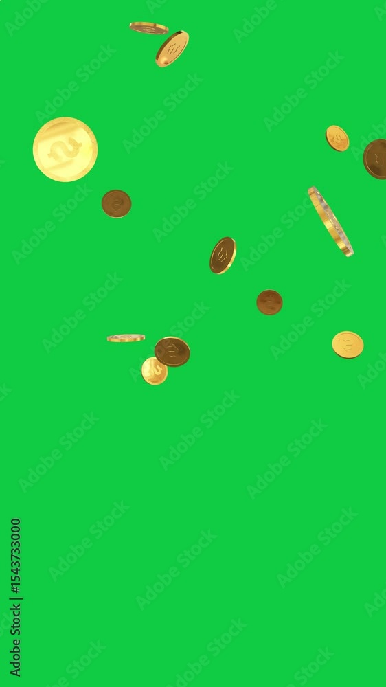 dollar money coins sign falling, 3d golden shiny metallic icons isolated on green background animation, economy and financial exchange news overlay vertical social media motion design element	