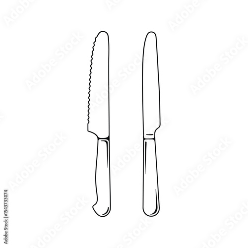 Line art illustration of serrated and smooth butter knives kitchen utensil cutlery