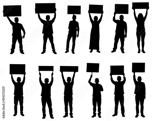 Silhouettes of people holding signs above their heads, isolated 