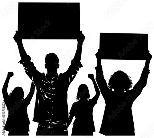 Silhouette in black of a group of people holding up signs, isolated 