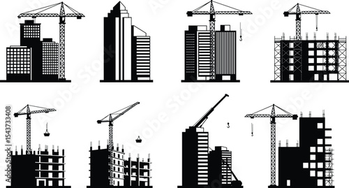 Construction site silhouettes with cranes, high rise building icons, urban development illustration, under construction towers, black vector graphic, real estate architecture elements set