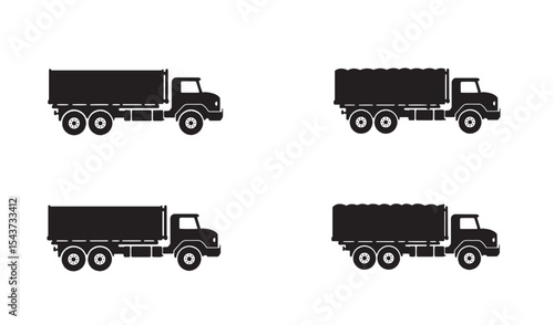 Black silhouetted tipper trucks in various styles for transportation and construction concepts