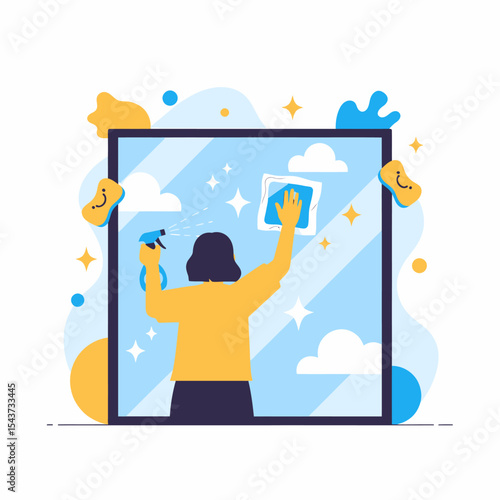 Woman Cleaning Glass Window with Spray and Cloth Illustration