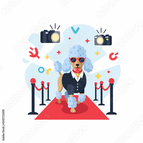 Poodle on Red Carpet in Sunglasses with Cameras
