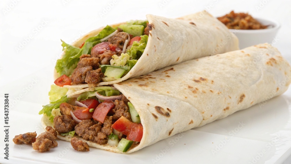 Delicious ground beef and vegetable wraps on white plate, close-up Delicious ground beef and vegetable wraps on white plate, close-up