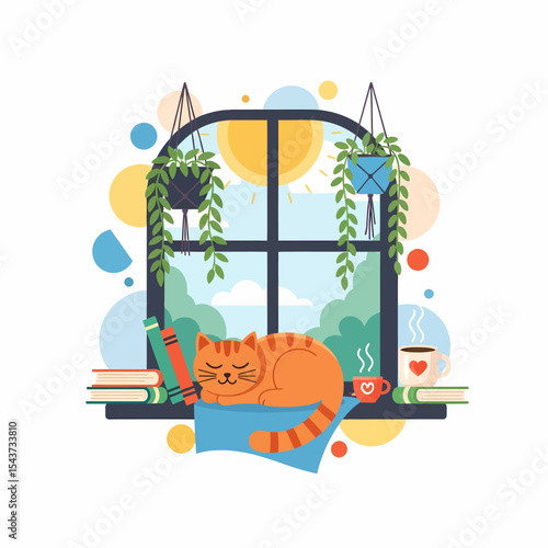 Cozy Cat Nap in Window with Books and Coffee Still Life