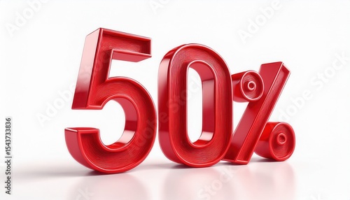 glossy red 3d 50 percent off symbol with layered spiral texture on white background for sale banner, retail poster, ecommerce graphic, or discount promotion design


