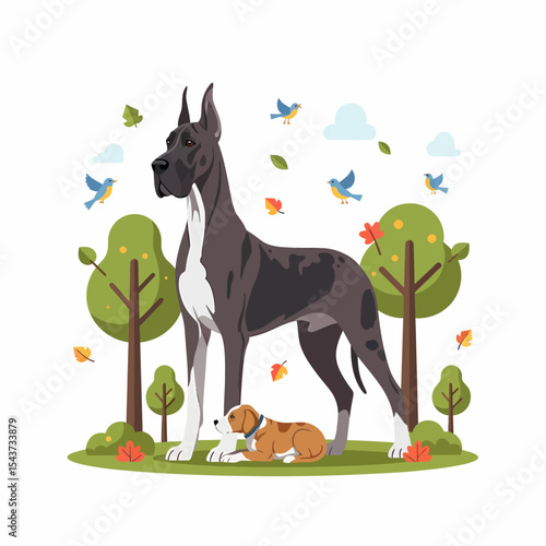 Great Dane Dog with Puppy in Park Illustration