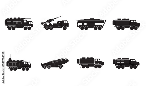 Collection of military vehicles silhouettes in black representing armored transport and artillery
