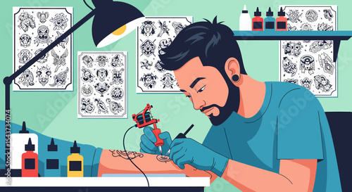 Tattoo Artist Inking Arm Vector Illustration With Professional Equipment