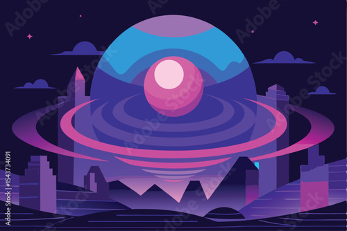 Surreal Cityscape Abstract Digital Illustration with Orbiting Sphere in Cosmic Setting