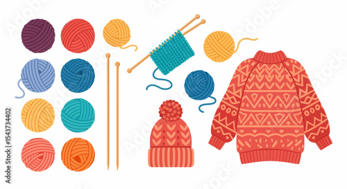 Knitting Project Elements Wool Hat Sweater Needles Yarn Set