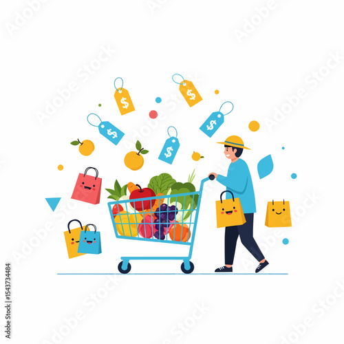 Man Pushing Cart Full of Groceries with Shopping Bags