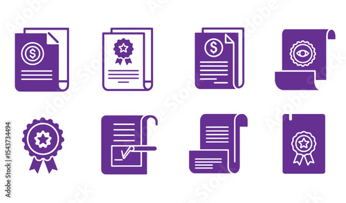 Collection of purple icon illustrations representing contracts agreements certifications documents and approvals