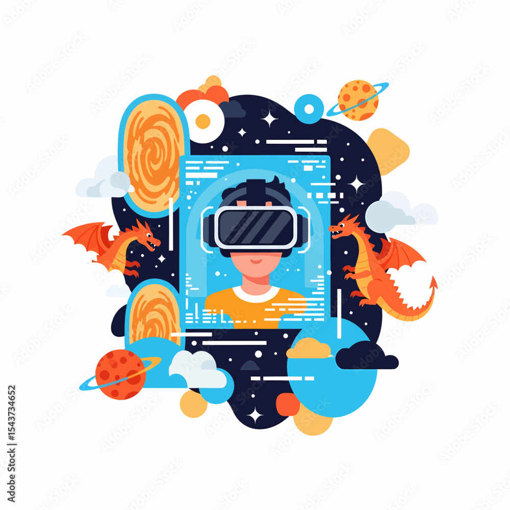 Boy Wearing VR Headset Exploring Fantasy World Digital Illustration Boy Wearing VR Headset Exploring Fantasy World Digital Illustration