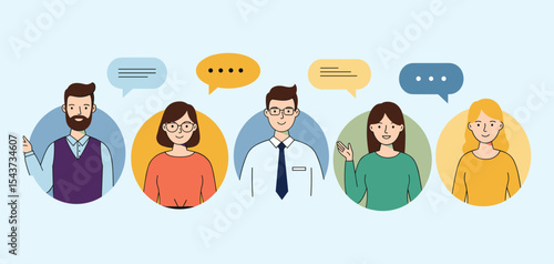 Diverse group of professionals communicating and exchanging ideas, representing open discussion, varied perspectives, and interpersonal connection  flat vector illustration