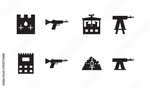 Collection of silhouetted military and defense related icons representing warfare and security