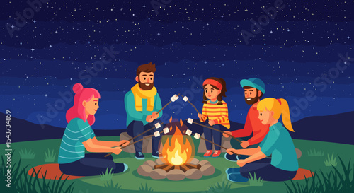 Group of Friends Roasting Marshmallows Around a Campfire at Night