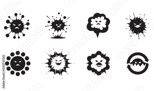 Collection of stylized angry virus or bacteria icons in various shapes and forms
