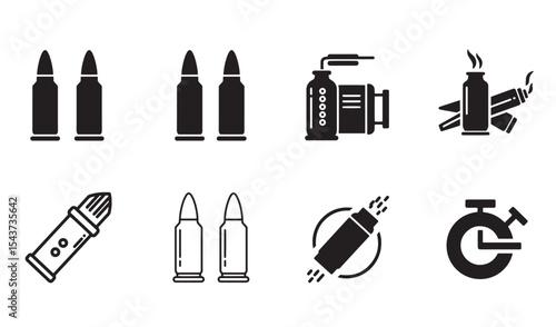 Collection of various icon designs depicting bullets and related military and weapon concepts