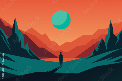 Contemplative Wanderer Silhouette Gazing Upon a Surreal Mountain Landscape at Sunset