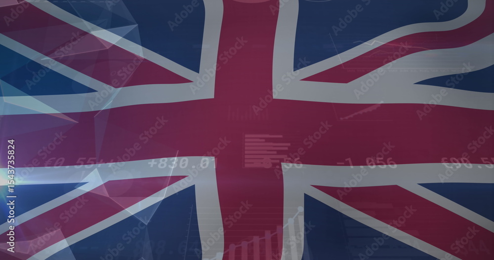 Naklejka premium Displaying Union Jack flag in dashboard, streaming numeric data, line graphs, bar charts