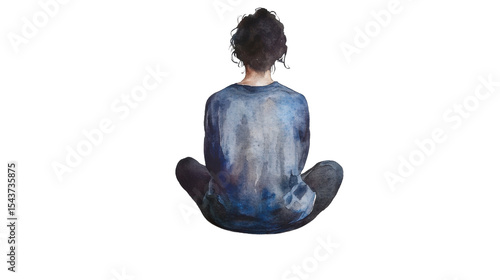 Watercolor painting of a person sitting viewed from back with soft brush strokes and subtle color blending isolated on white background