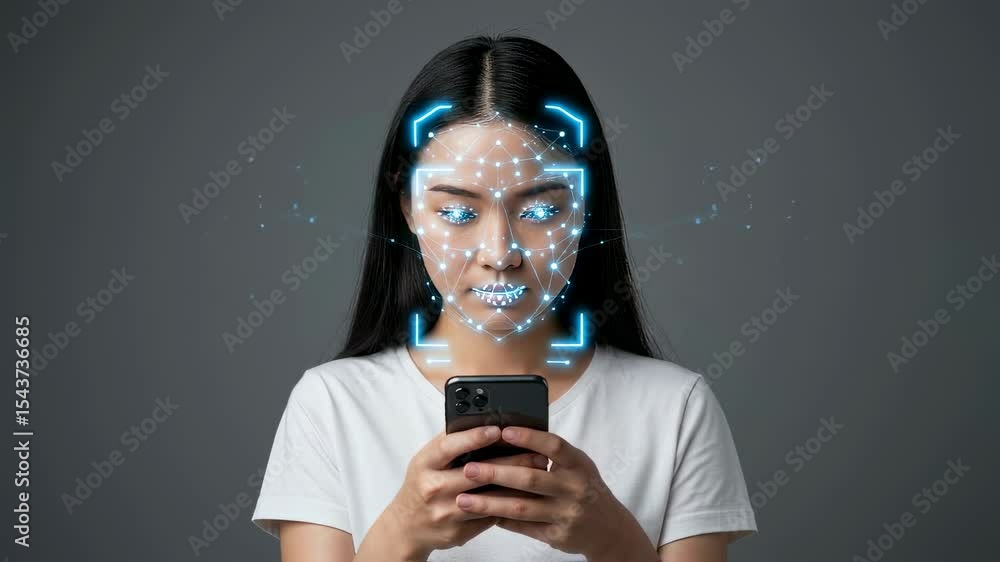 Young asian woman using mobile phone with biometric face recognition. Futuristic technology for identity verification and access. Footage.