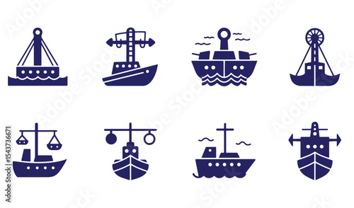Navy blue boat and ship icon set representing various naval transportation