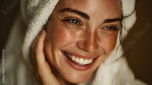 Radiant Woman with Towel: Fresh Face, Spa Day, Beauty