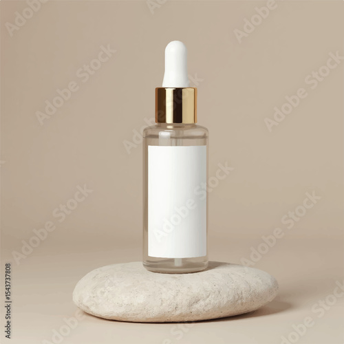 Dropper Bottle 3D Rendering White Blank Mockup,3d illustration of glass bottles unlabeled with dropper cap on rock with light background. Scene for advertising cosmetic,mockup for serum product,rock,