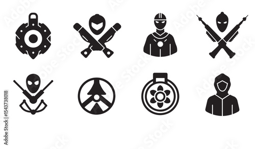Set of modern abstract icon illustrations depicting various weapons and characters in simple styles