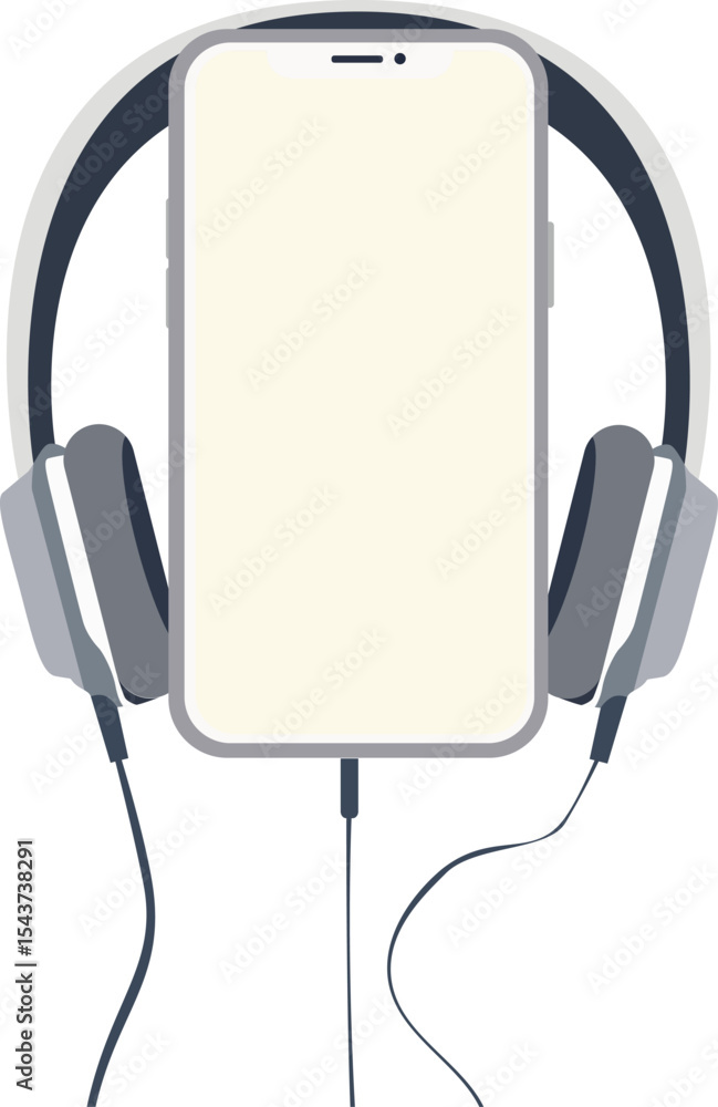 Fototapeta premium Modern smartphone with big wired headphones connected. Top view. Ideal for technology, mobile, music, design. Vector illustration on transparent background.