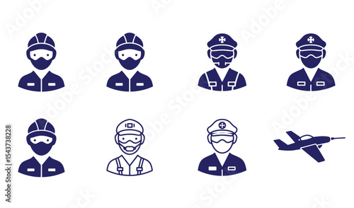 Set of professions and occupations illustrated in dark blue and white silhouettes