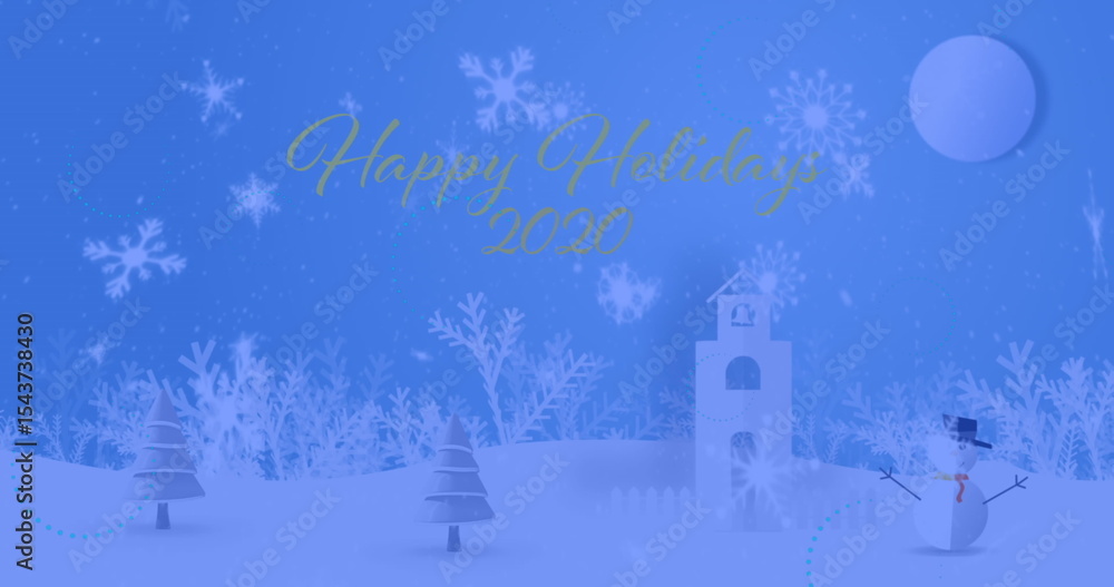 Naklejka premium Snowman wearing top hat and scarf standing on snowy hill near tower under moon, copy space