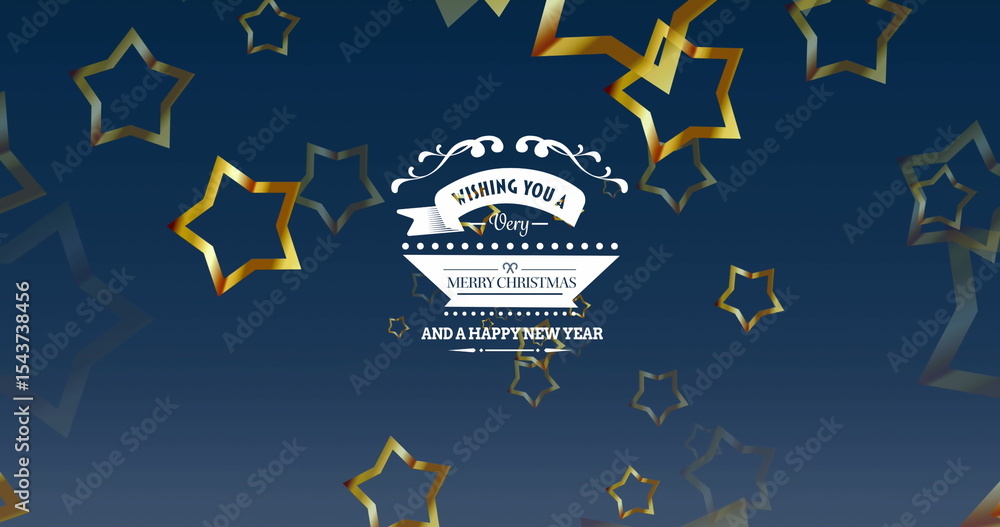 Fototapeta premium Hovering white banner with flourishes and ribbons over blue gradient, with metallic gold stars