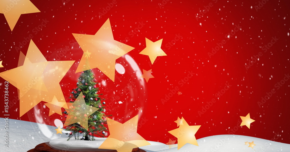 Naklejka premium Featuring snow globe showing decorated Christmas tree in holiday scene, snowflakes, golden stars