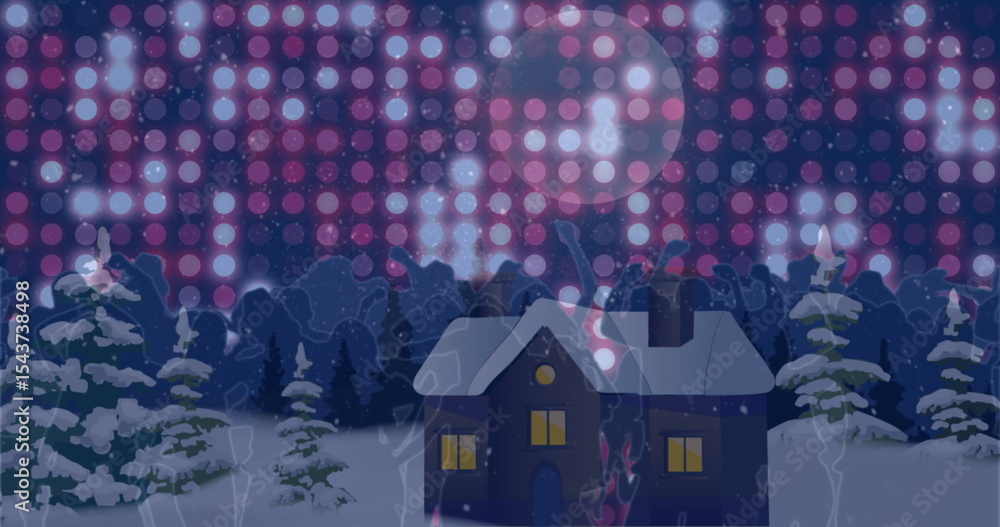 Naklejka premium Glowing house with lit windows, full moon shining over snowy clearing, with colored sky light grid