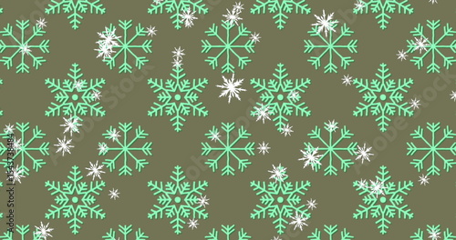 Displaying repeating mint green snowflake motifs and smaller white snowflakes on olive green fabric
